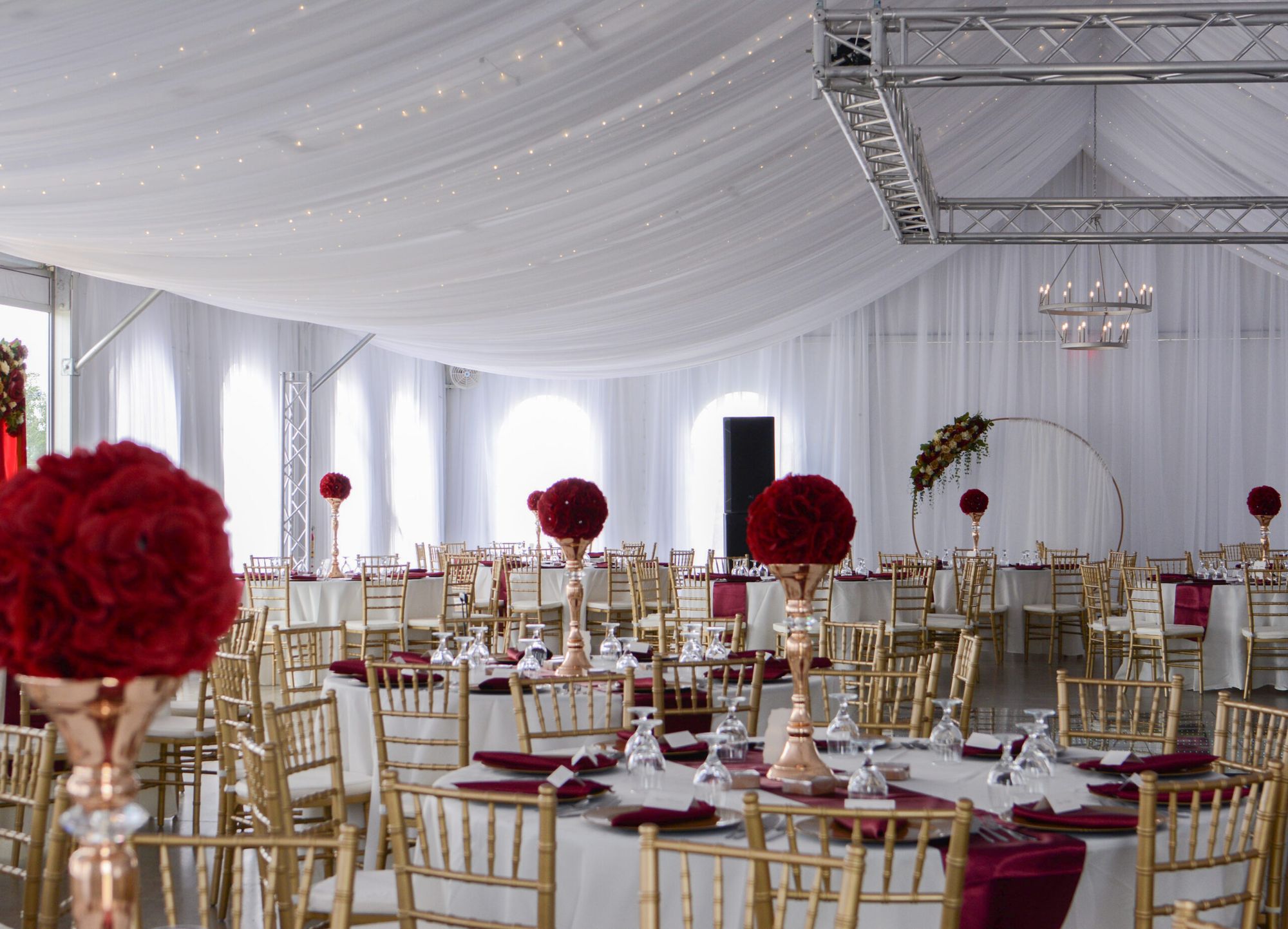 Wedding reception with red decor at The Silos