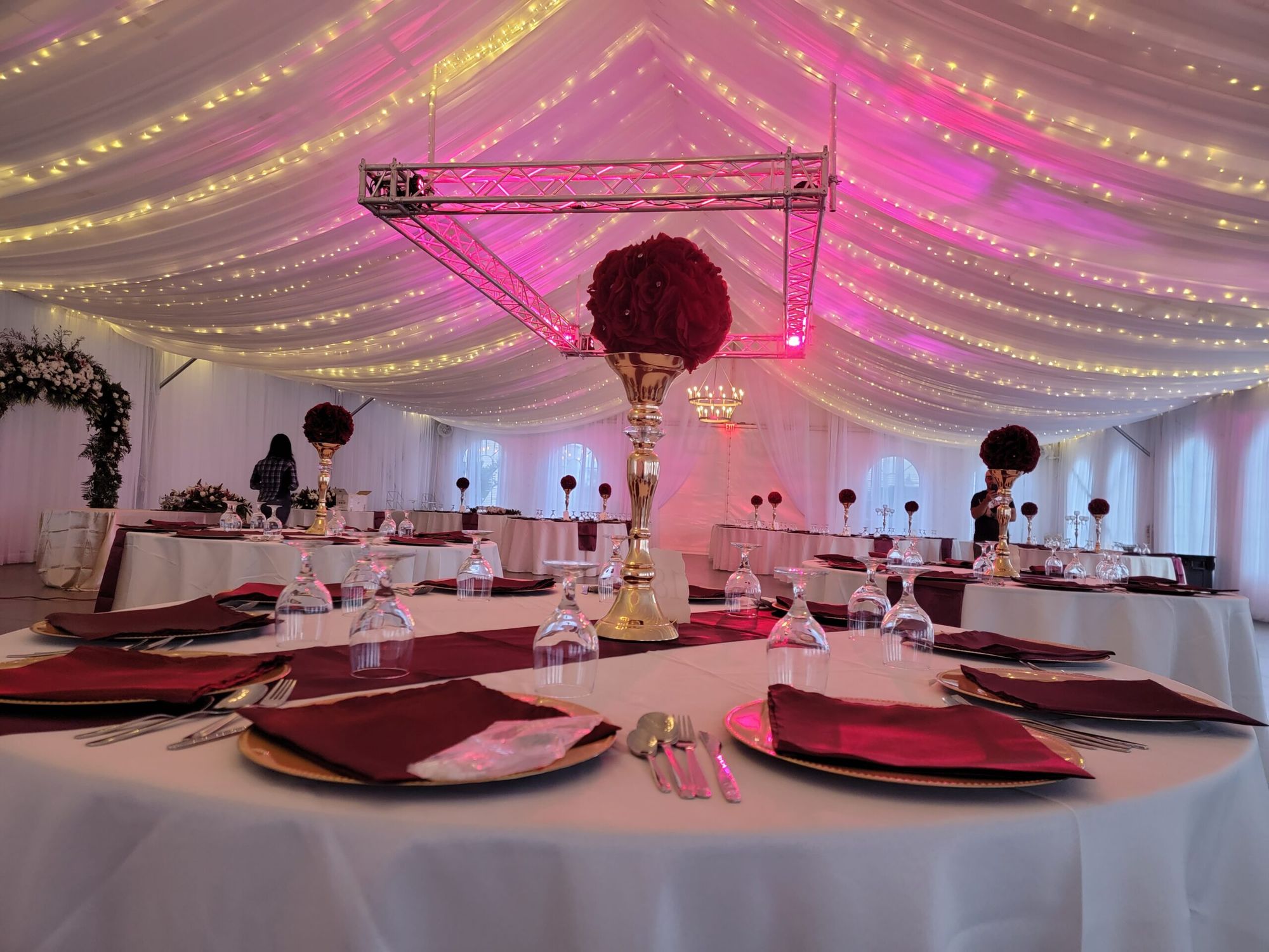 Wedding setup with pink decor at The Silos